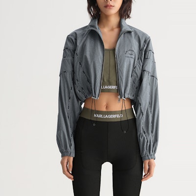 (Women) KARL LAGERFELD Gray Logo Print Plaid Jacket with Striped Trim. 231L1516 Purchase (Women) KARL LAGERFELD Gray Logo Print Plaid Jacket with Striped Trim. 231L1516