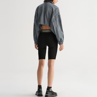 (Women) KARL LAGERFELD Gray Logo Print Plaid Jacket with Striped Trim. 231L1516 Details for (Women) KARL LAGERFELD Gray Logo Print Plaid Jacket with Striped Trim. 231L1516