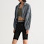 Sizing (Women) KARL LAGERFELD Gray Logo Print Plaid Jacket with Striped Trim. 231L1516