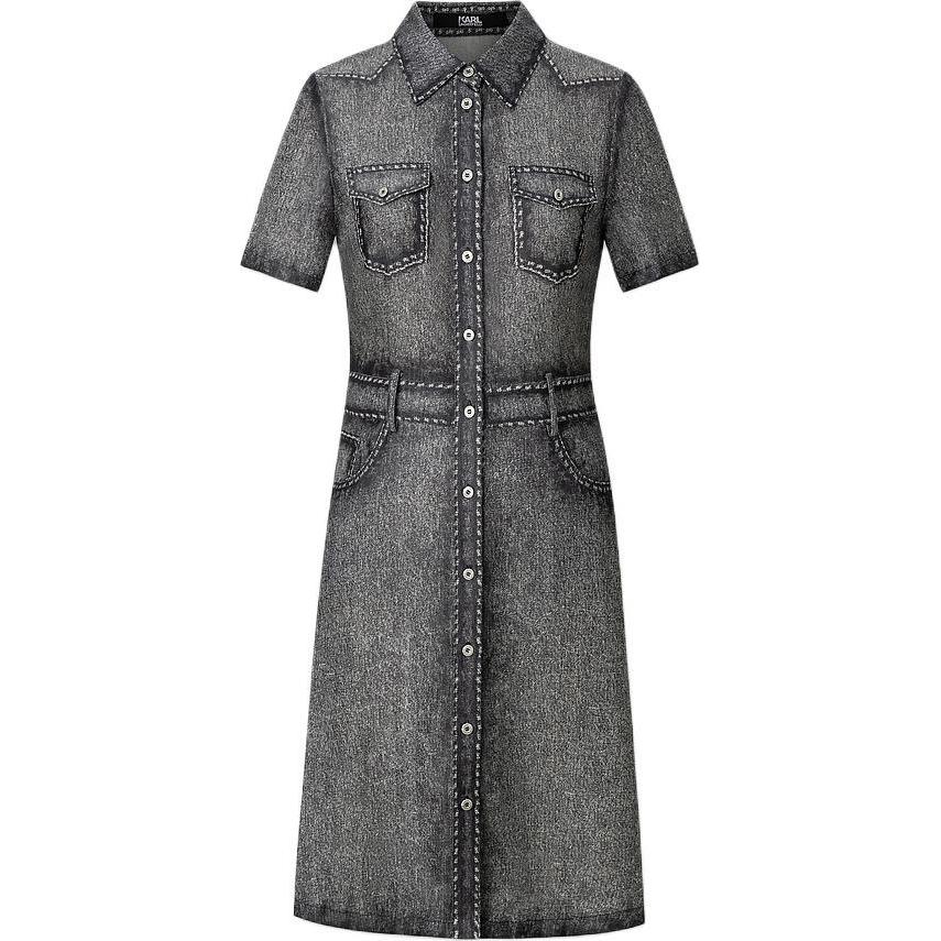 (Women) KARL LAGERFELD  Grey Washed Midi Shirt Dress Short Sleeve Elegant Style 241L1342