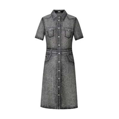 (Women) KARL LAGERFELD Grey Washed Midi Shirt Dress Short Sleeve Elegant Style 241L1342