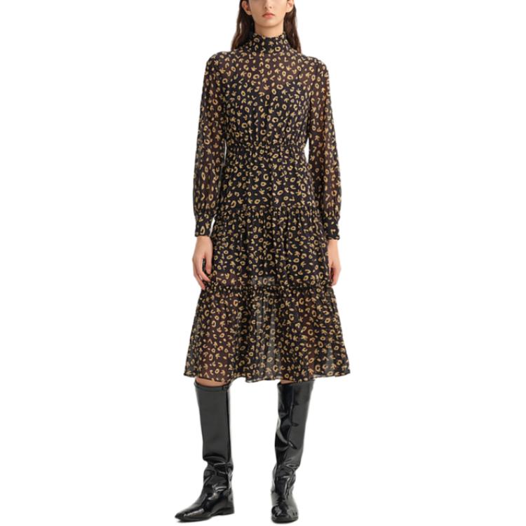 (Women) KARL LAGERFELD  Leopard Print High Neck Zip A-Line Dress Multicolor 236L1307
