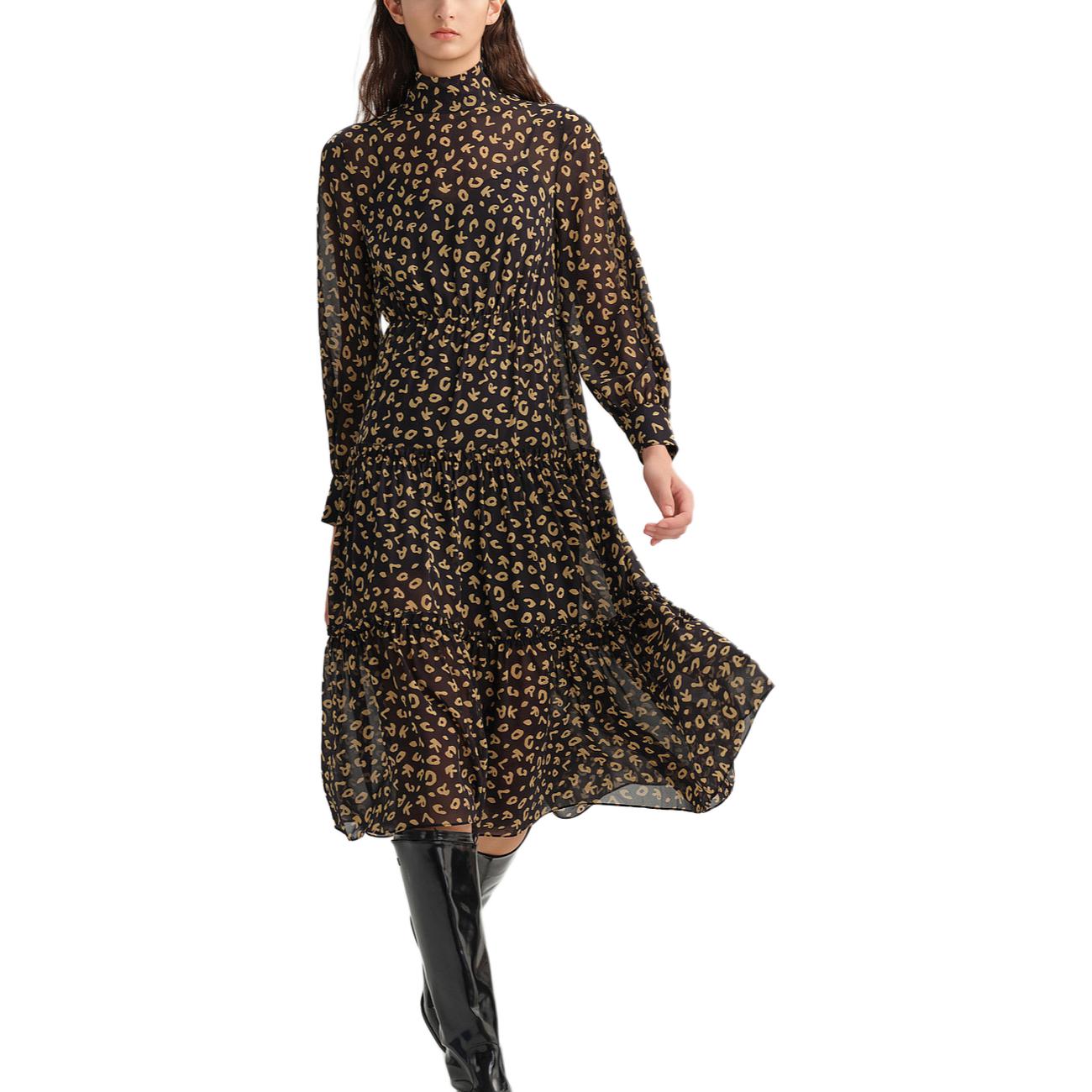 Lookbook (W) 卡尔拉格斐 豹纹高领拉链A字连衣裙 多色 236L1307