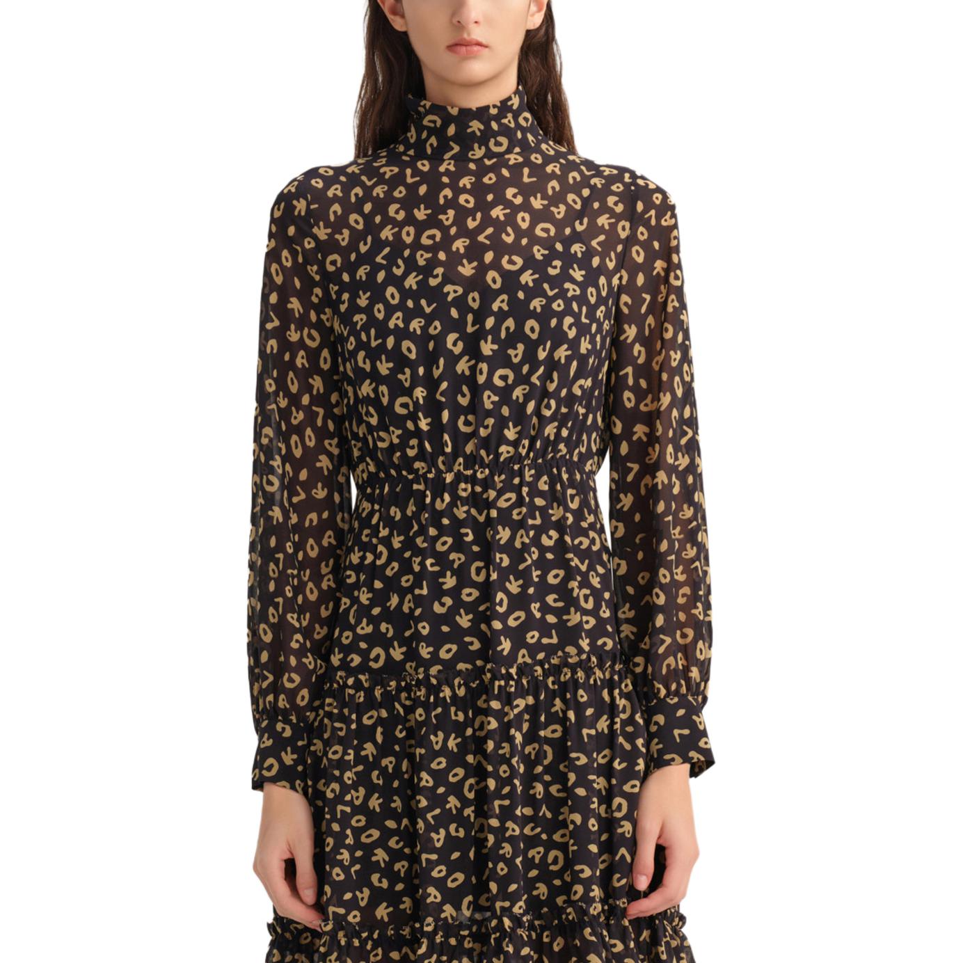 Details for (W) 卡尔拉格斐 豹纹高领拉链A字连衣裙 多色 236L1307