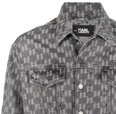 (Women) KARL LAGERFELD Loose Fit Grey Denim Jacket with Letter Print Design. 225W1480D14 Sizing (Women) KARL LAGERFELD Loose Fit Grey Denim Jacket with Letter Print Design. 225W1480D14