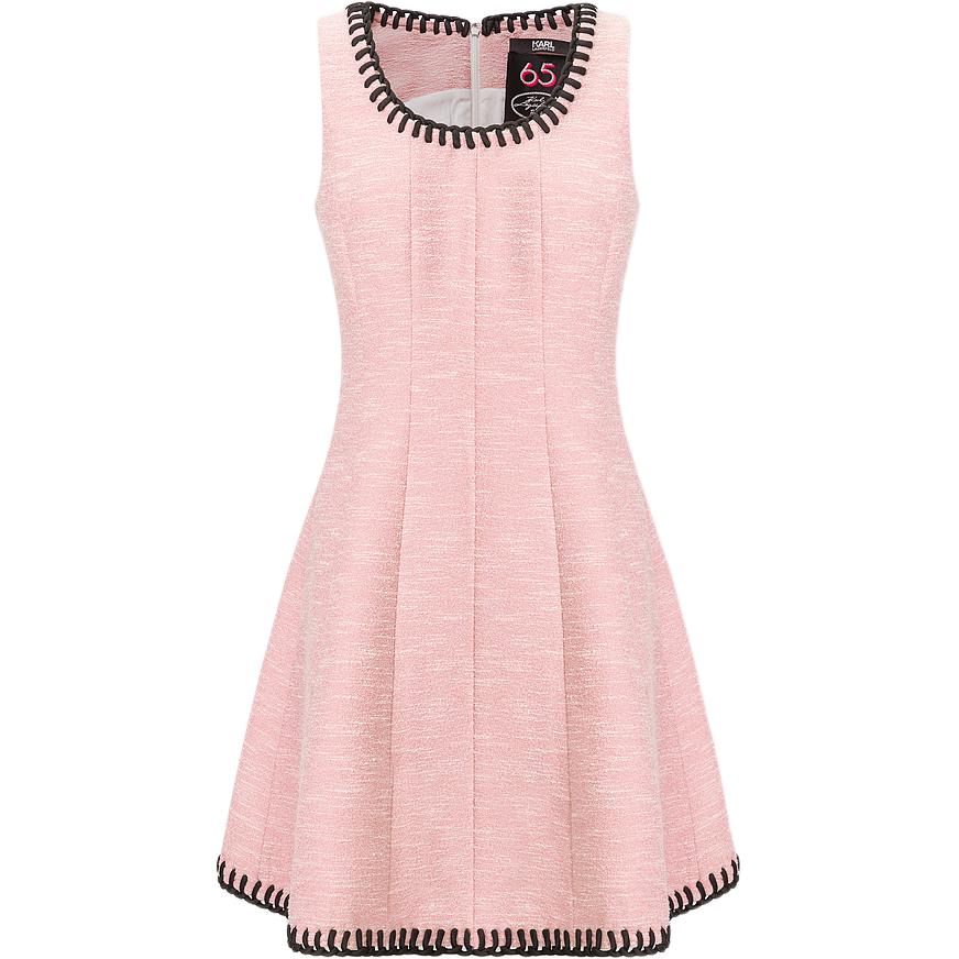 Order (W) KARL LAGERFELD Gaun Tanpa Lengan Tweed Pink A-Line Gaya Chic Perancis. 241L1356