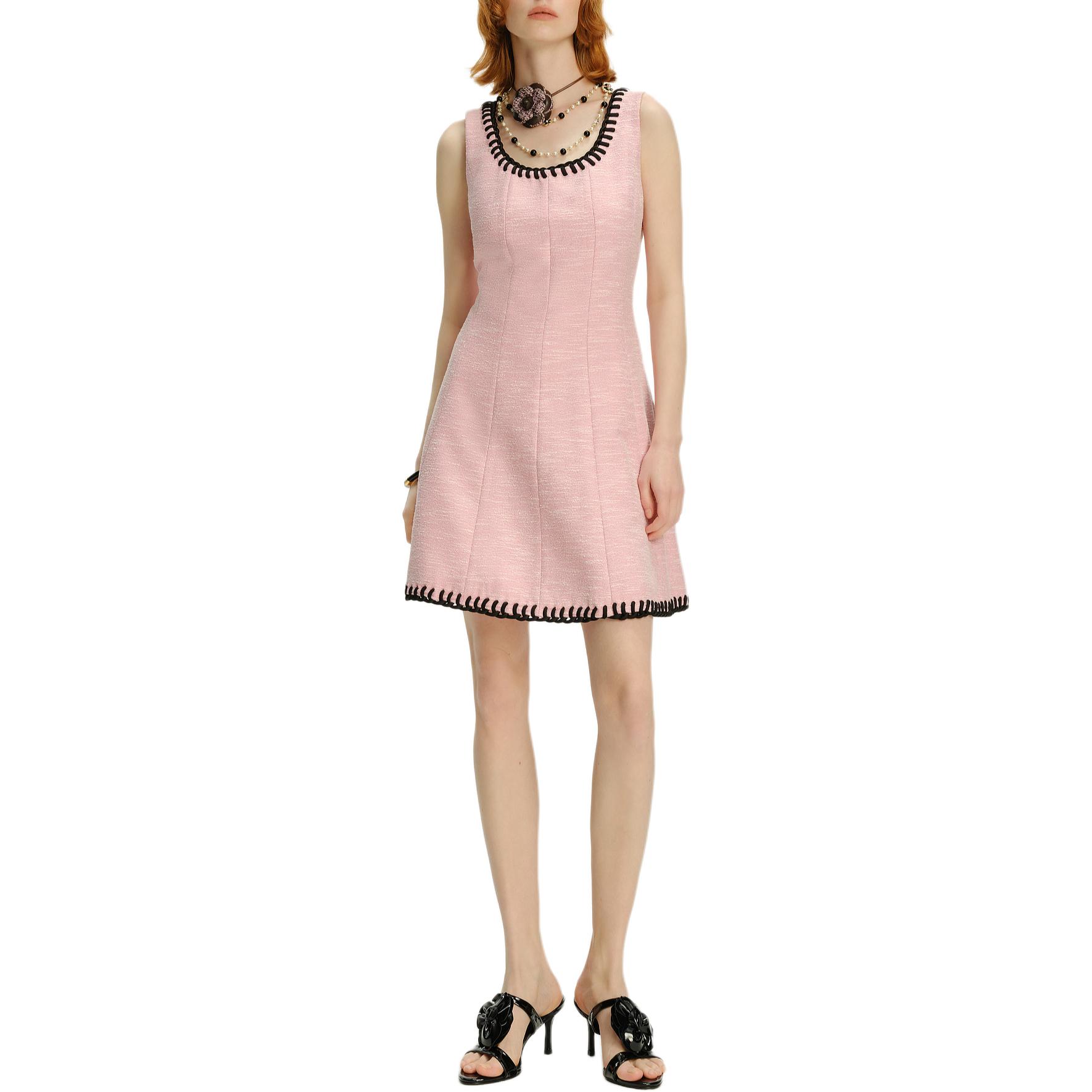 Details for (W) KARL LAGERFELD Gaun Tanpa Lengan Tweed Pink A-Line Gaya Chic Perancis. 241L1356