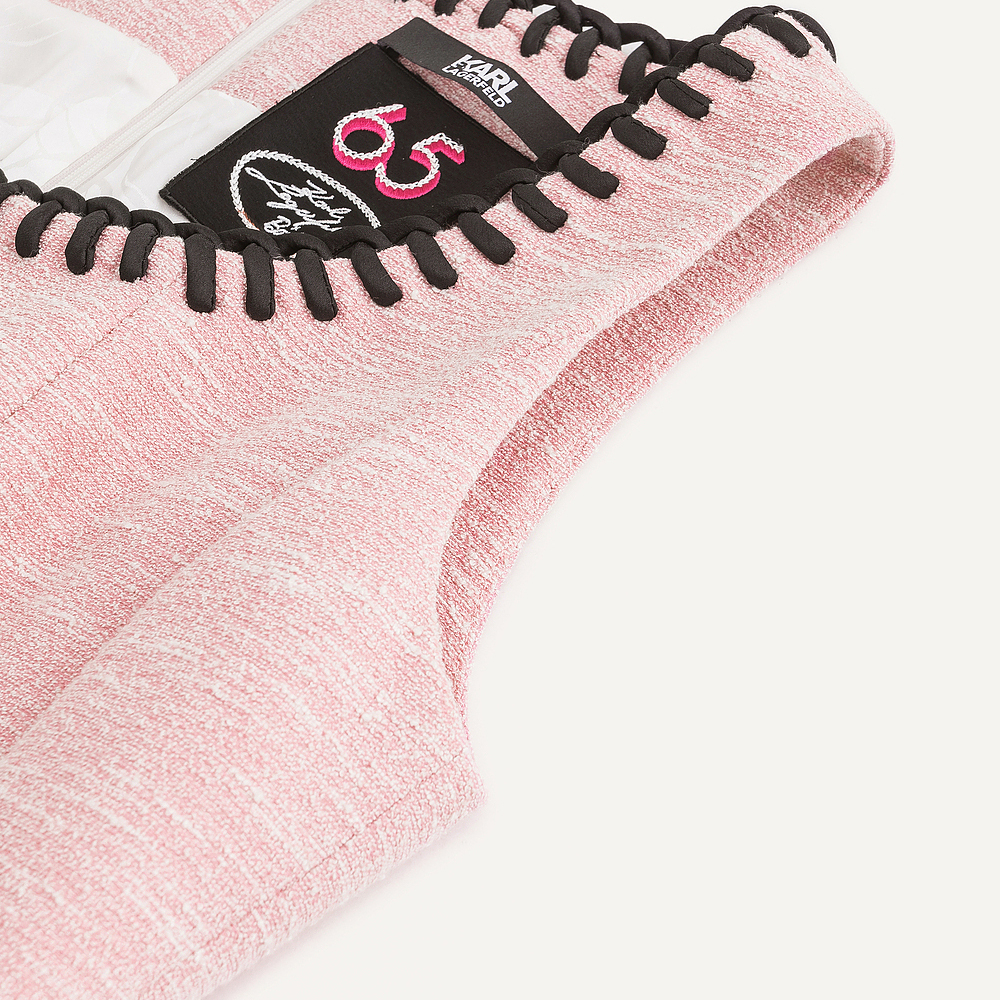 Cheap (W) KARL LAGERFELD Gaun Tanpa Lengan Tweed Pink A-Line Gaya Chic Perancis. 241L1356