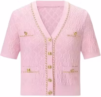 (Women) KARL LAGERFELD Pink V-Neck Button-Up Knit Cardigan Casual Chic E42W2070 (Women) KARL LAGERFELD Pink V-Neck Button-Up Knit Cardigan Casual Chic E42W2070