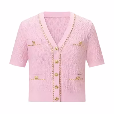 (Women) KARL LAGERFELD Pink V-Neck Button-Up Knit Cardigan Casual Chic E42W2070