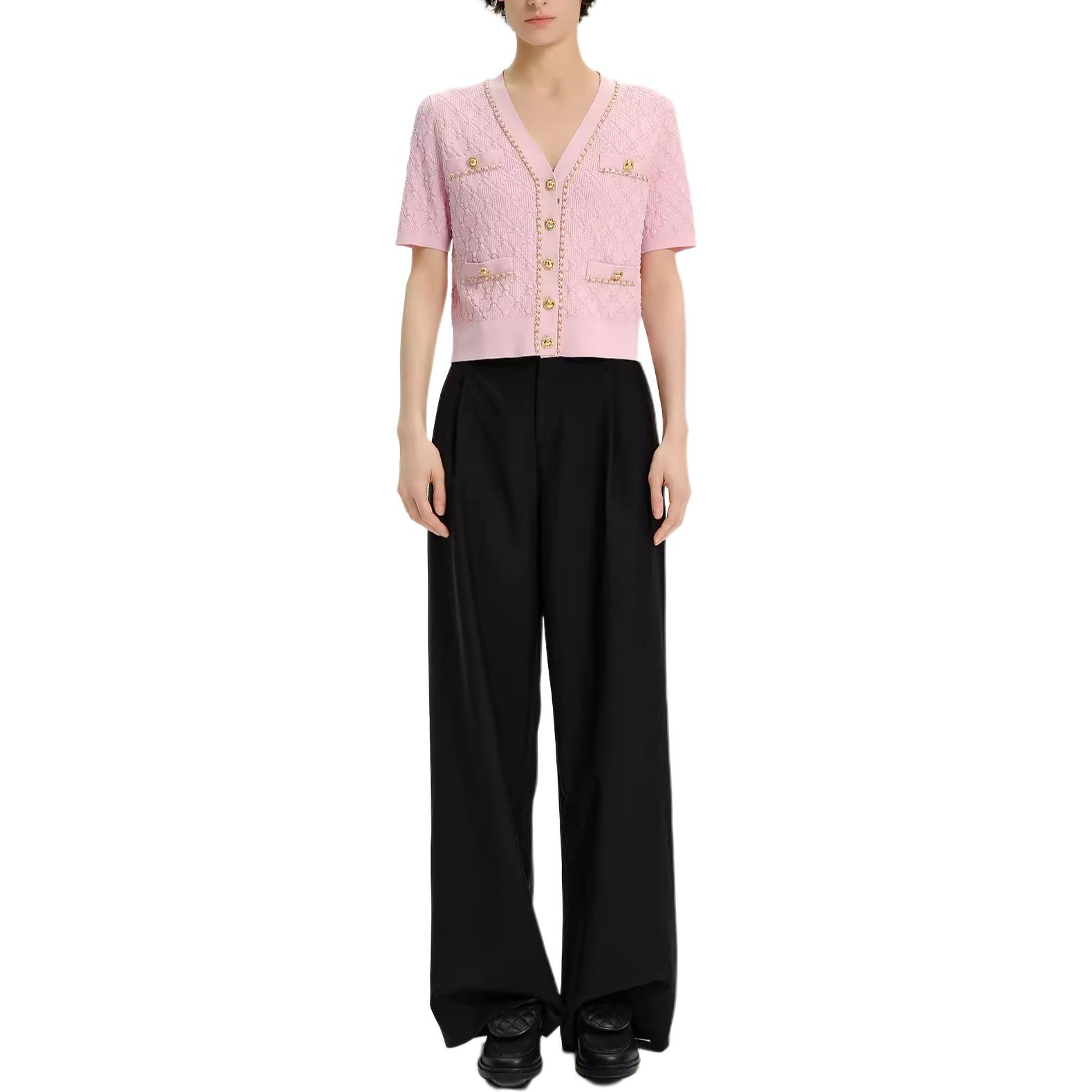 Lookbook (Women) KARL LAGERFELD  Pink V-Neck Button-Up Knit Cardigan Casual Chic E42W2070