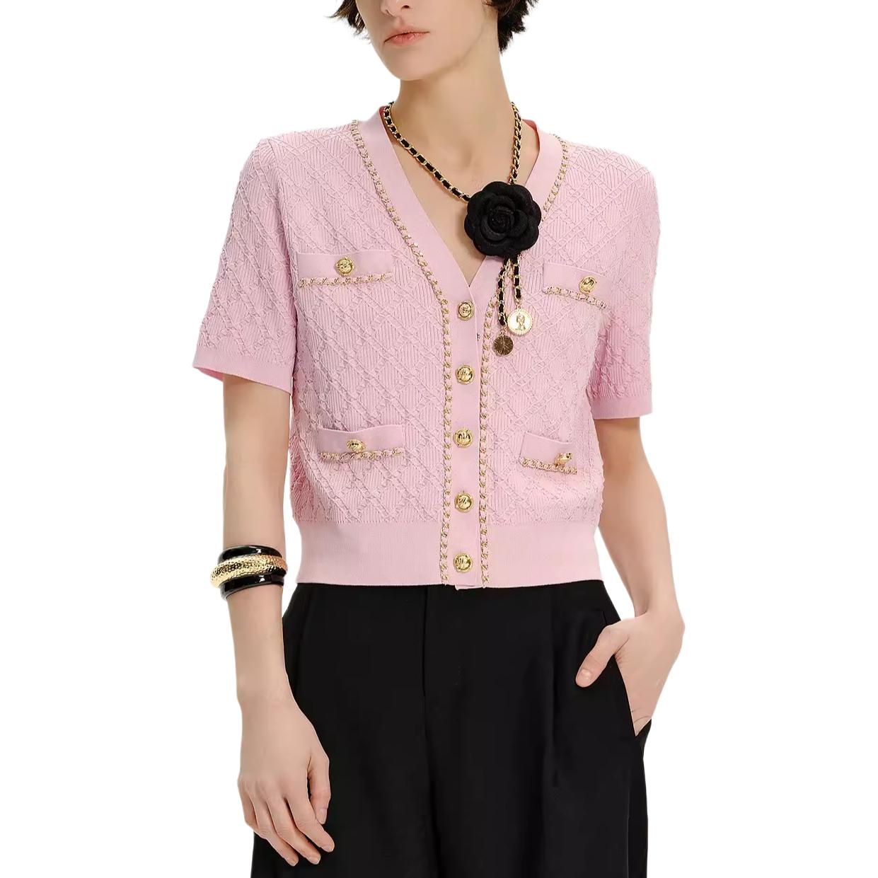 Purchase (Women) KARL LAGERFELD  Pink V-Neck Button-Up Knit Cardigan Casual Chic E42W2070