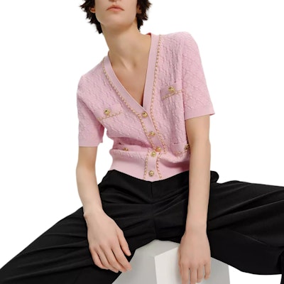 (Women) KARL LAGERFELD Pink V-Neck Button-Up Knit Cardigan Casual Chic E42W2070 Details for (Women) KARL LAGERFELD Pink V-Neck Button-Up Knit Cardigan Casual Chic E42W2070