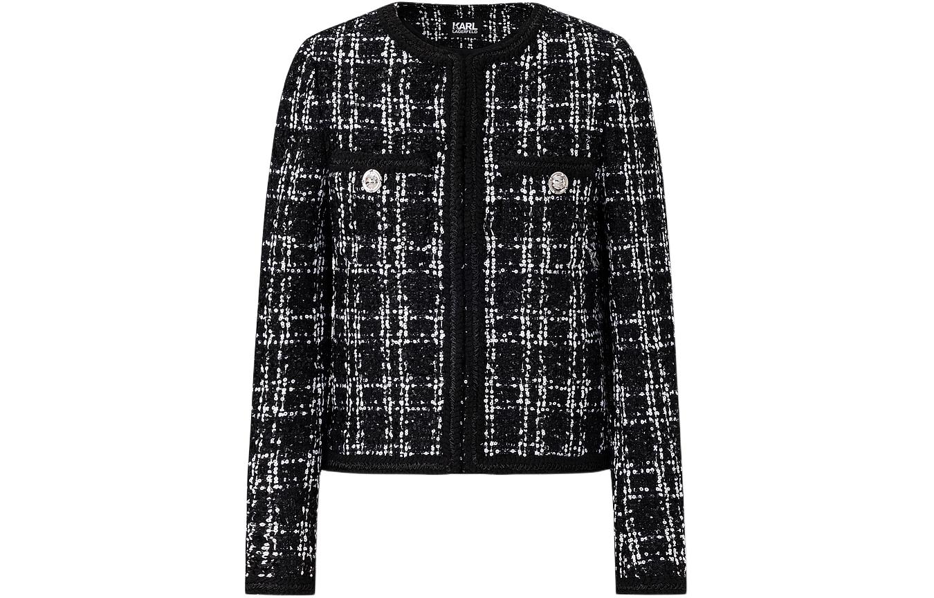 (Women) KARL LAGERFELD  Plaid Round-Neck Short Button Jacket Black White E41W1509