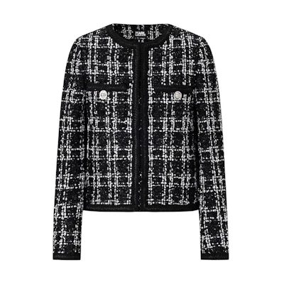 (Women) KARL LAGERFELD Plaid Round-Neck Short Button Jacket Black White E41W1509