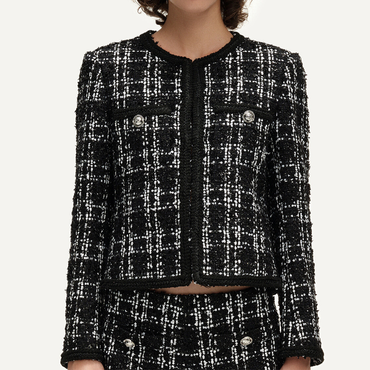 Lookbook (Women) KARL LAGERFELD  Plaid Round-Neck Short Button Jacket Black White E41W1509