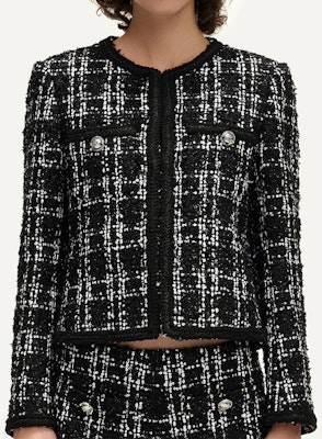 (Women) KARL LAGERFELD Plaid Round-Neck Short Button Jacket Black White E41W1509 Lookbook (Women) KARL LAGERFELD Plaid Round-Neck Short Button Jacket Black White E41W1509