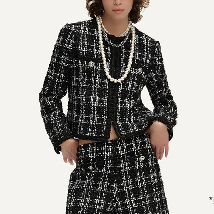 Shop (Women) KARL LAGERFELD  Plaid Round-Neck Short Button Jacket Black White E41W1509