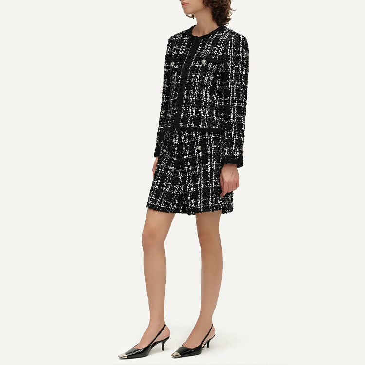 Purchase (Women) KARL LAGERFELD  Plaid Round-Neck Short Button Jacket Black White E41W1509