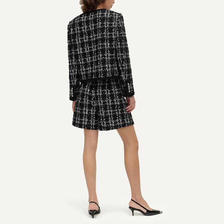 Details for (Women) KARL LAGERFELD  Plaid Round-Neck Short Button Jacket Black White E41W1509