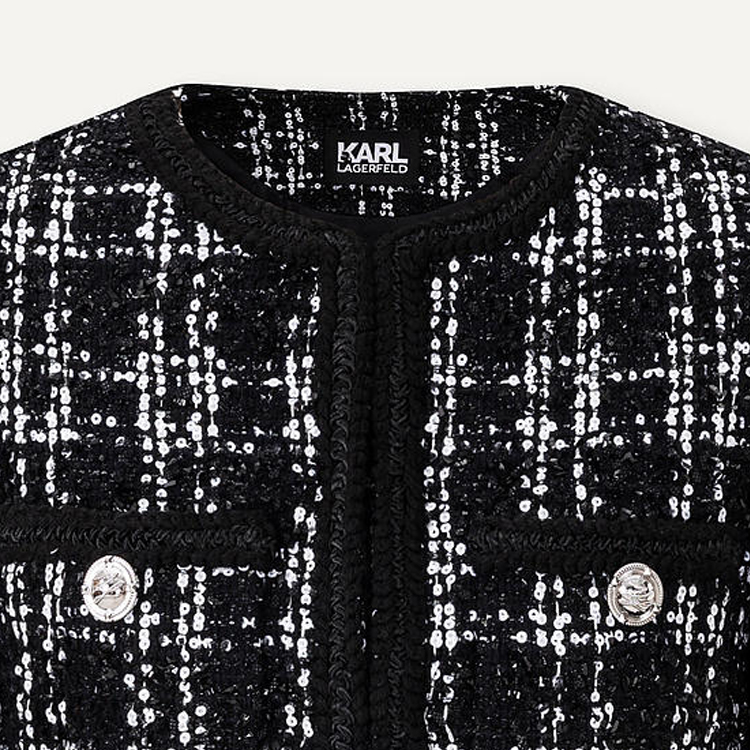Sizing (Women) KARL LAGERFELD  Plaid Round-Neck Short Button Jacket Black White E41W1509