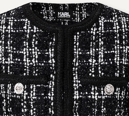 (Women) KARL LAGERFELD Plaid Round-Neck Short Button Jacket Black White E41W1509 Sizing (Women) KARL LAGERFELD Plaid Round-Neck Short Button Jacket Black White E41W1509