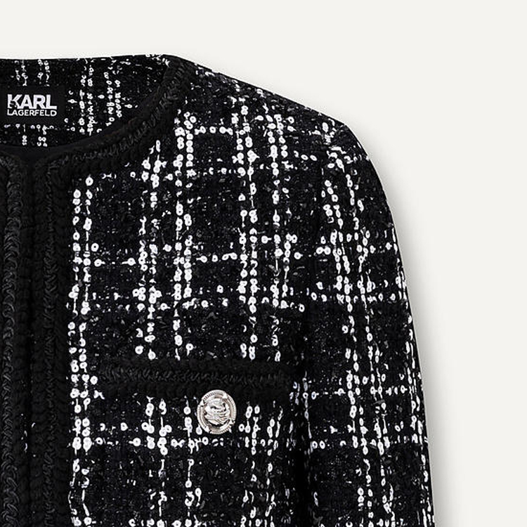 Cheap (Women) KARL LAGERFELD  Plaid Round-Neck Short Button Jacket Black White E41W1509