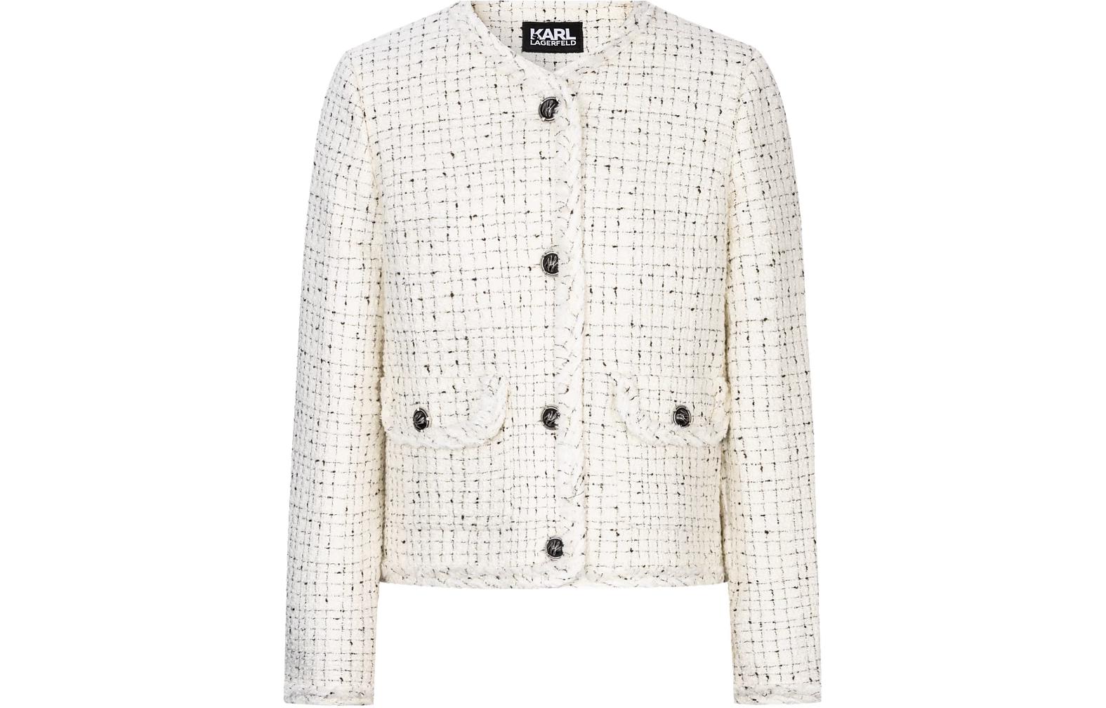 (Women) KARL LAGERFELD  Plaid V-Neck Single-Breasted Long Sleeve White Jacket E36W1498