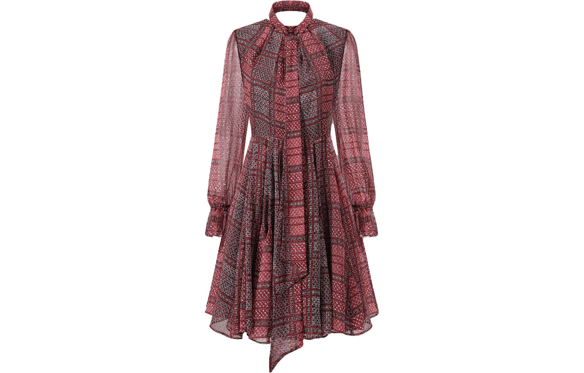 Order (Women) KARL LAGERFELD  Red Plaid Lantern Sleeve Belted Dress. 236L1302