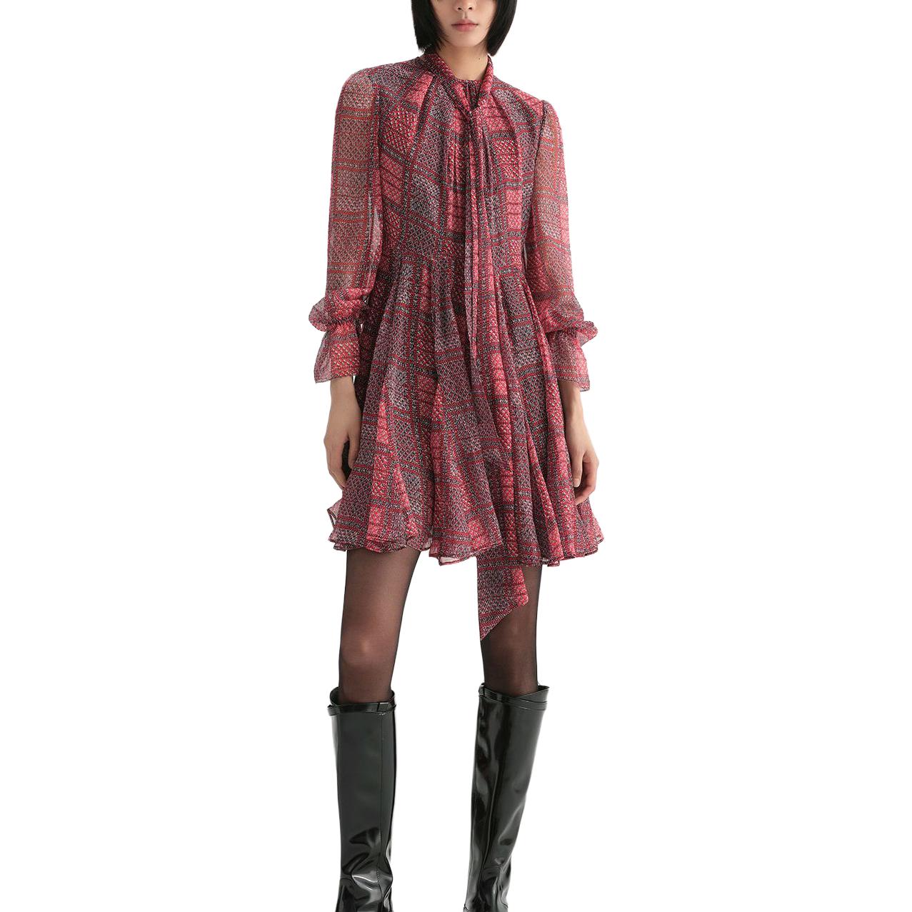 Lookbook (Women) KARL LAGERFELD  Red Plaid Lantern Sleeve Belted Dress. 236L1302