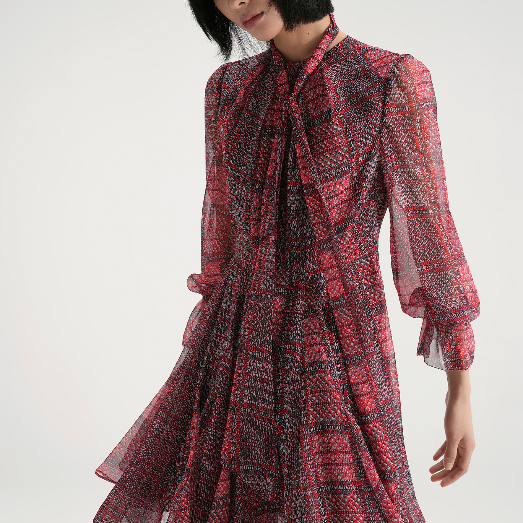 Details for (Women) KARL LAGERFELD  Red Plaid Lantern Sleeve Belted Dress. 236L1302
