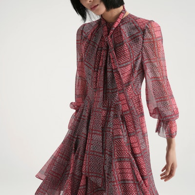 (Women) KARL LAGERFELD Red Plaid Lantern Sleeve Belted Dress. 236L1302 Details for (Women) KARL LAGERFELD Red Plaid Lantern Sleeve Belted Dress. 236L1302