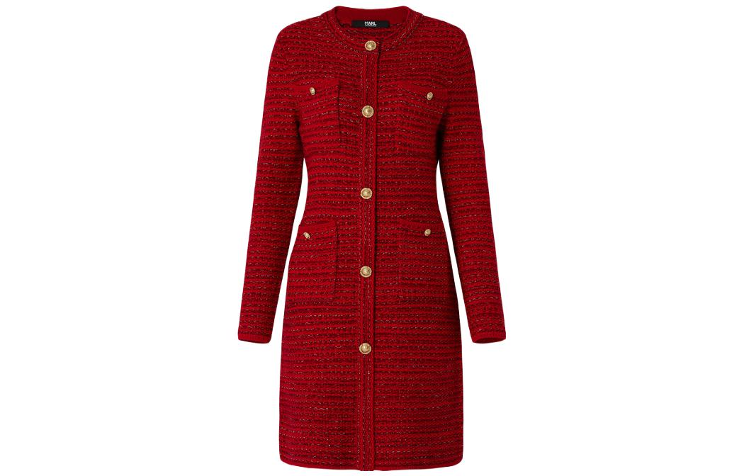 Order (Women) Karl Lagerfeld  Red Tweed Button-Up Long Sleeve Casual Dress E22L1304