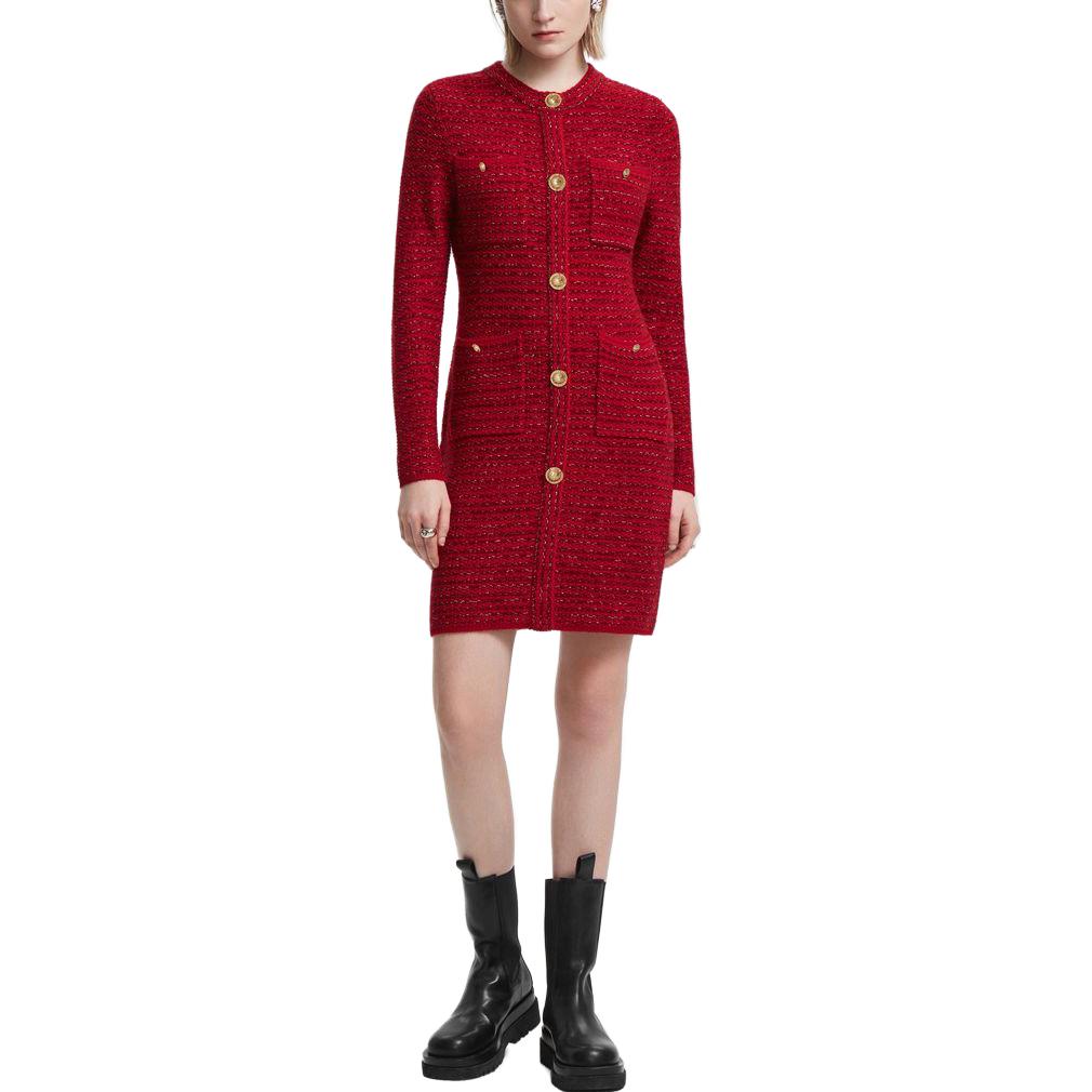 Lookbook (Women) Karl Lagerfeld  Red Tweed Button-Up Long Sleeve Casual Dress E22L1304