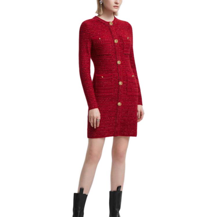 Purchase (Women) Karl Lagerfeld  Red Tweed Button-Up Long Sleeve Casual Dress E22L1304