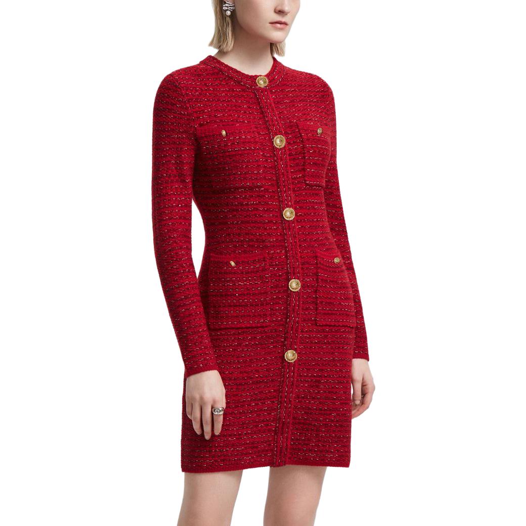 Details for (Women) Karl Lagerfeld  Red Tweed Button-Up Long Sleeve Casual Dress E22L1304