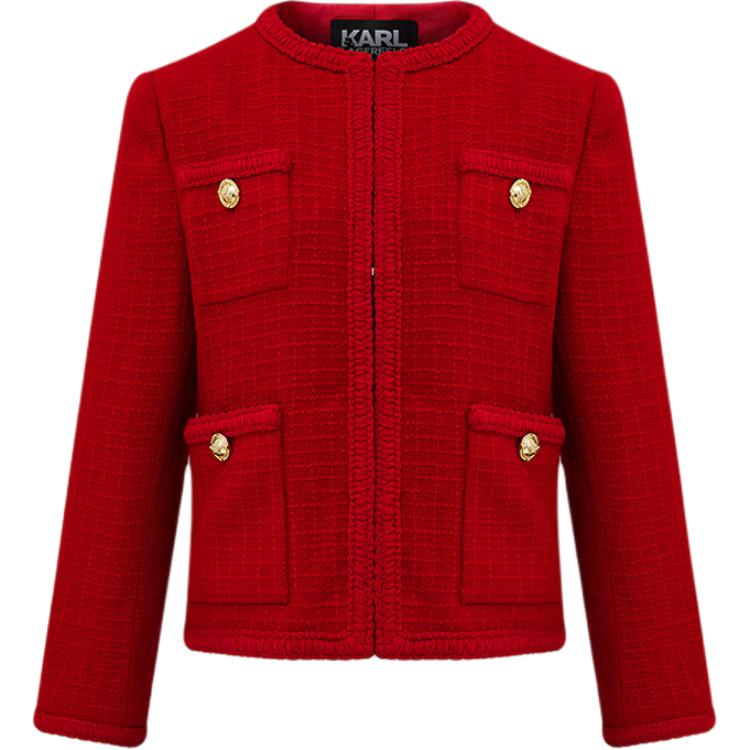 (Women) KARL LAGERFELD  Red Tweed Pocket Long Sleeve Jacket 226L1409