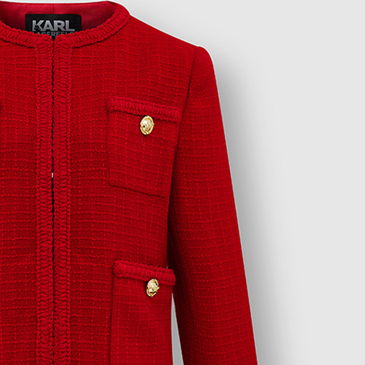 Sizing (Women) KARL LAGERFELD  Red Tweed Pocket Long Sleeve Jacket 226L1409