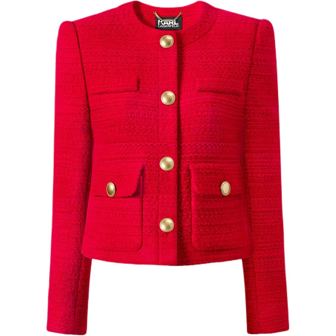(Women) KARL LAGERFELD  Red Tweed Single-Breasted Round-Neck Jacket. 236L1405