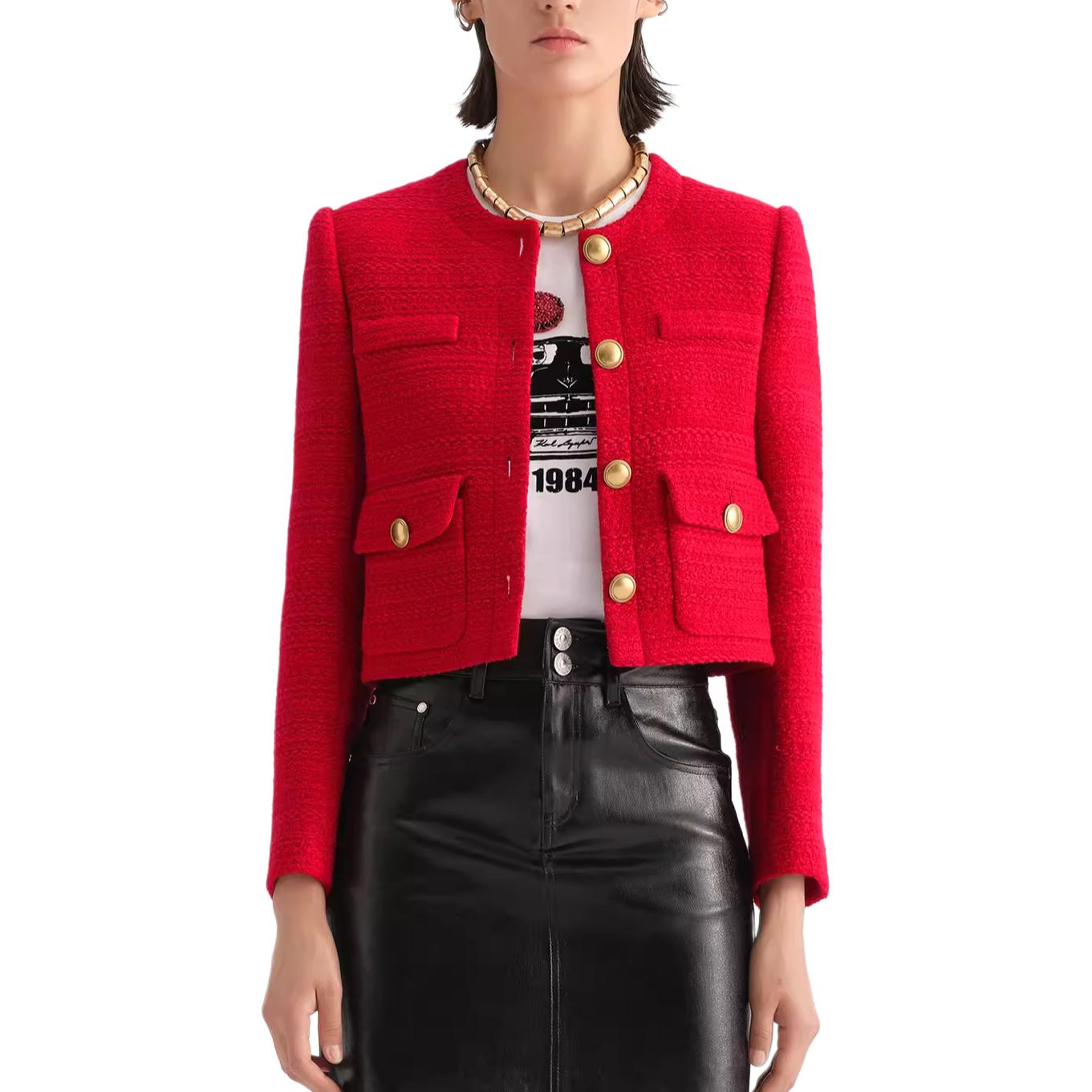 Lookbook (Women) KARL LAGERFELD  Red Tweed Single-Breasted Round-Neck Jacket. 236L1405