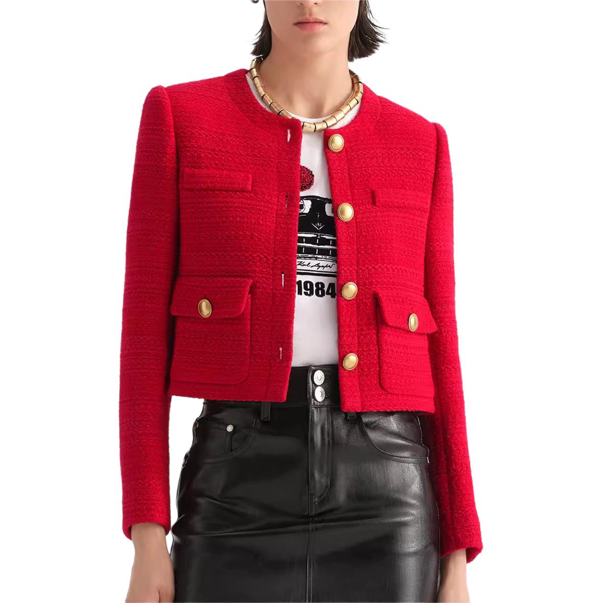 Shop (Women) KARL LAGERFELD  Red Tweed Single-Breasted Round-Neck Jacket. 236L1405