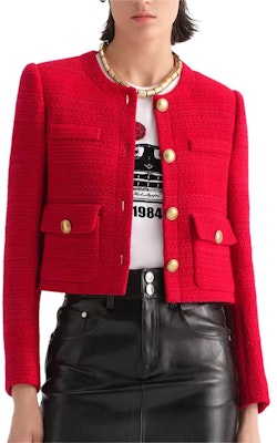 (Women) KARL LAGERFELD Red Tweed Single-Breasted Round-Neck Jacket. 236L1405 Shop (Women) KARL LAGERFELD Red Tweed Single-Breasted Round-Neck Jacket. 236L1405