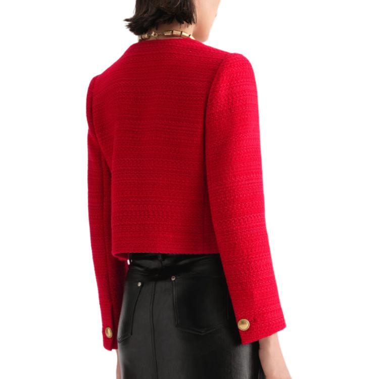 Sizing (Women) KARL LAGERFELD  Red Tweed Single-Breasted Round-Neck Jacket. 236L1405