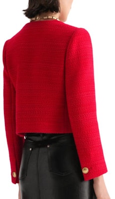 (Women) KARL LAGERFELD Red Tweed Single-Breasted Round-Neck Jacket. 236L1405 Sizing (Women) KARL LAGERFELD Red Tweed Single-Breasted Round-Neck Jacket. 236L1405
