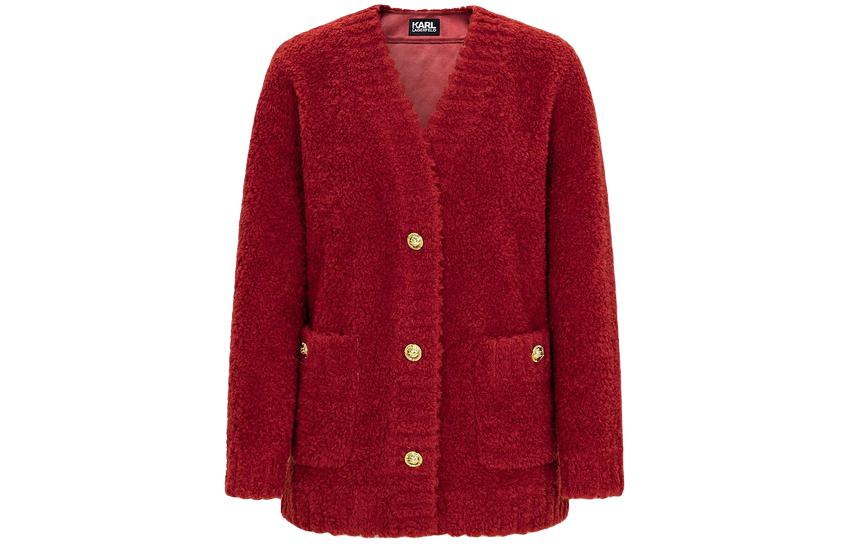 (Women) KARL LAGERFELD  Red V-Neck Button-Up Long-Sleeve Knit Cardigan. E37W15A6