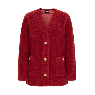 (Women) KARL LAGERFELD Red V-Neck Button-Up Long-Sleeve Knit Cardigan. E37W15A6