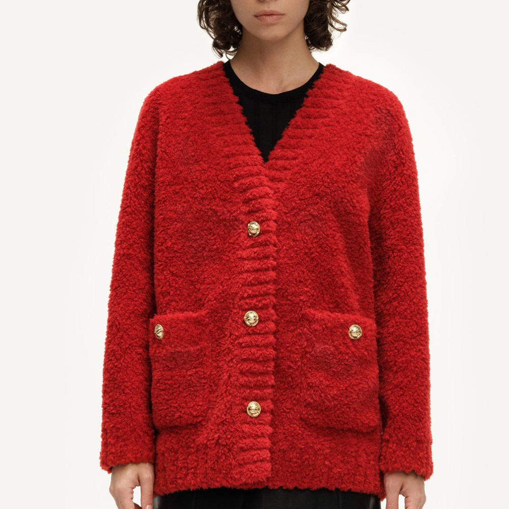 Shop (Women) KARL LAGERFELD  Red V-Neck Button-Up Long-Sleeve Knit Cardigan. E37W15A6