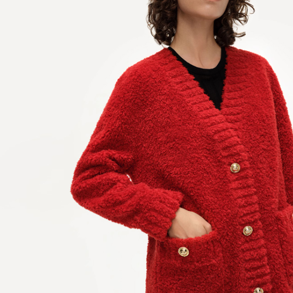 Sizing (Women) KARL LAGERFELD  Red V-Neck Button-Up Long-Sleeve Knit Cardigan. E37W15A6
