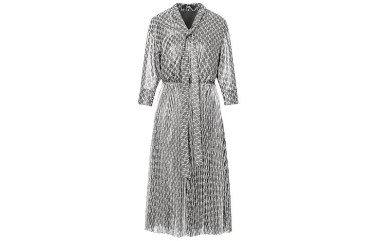 (Women) KARL LAGERFELD  Silver Printed V-Neck Cinched Waist Midi Dress 231L1383
