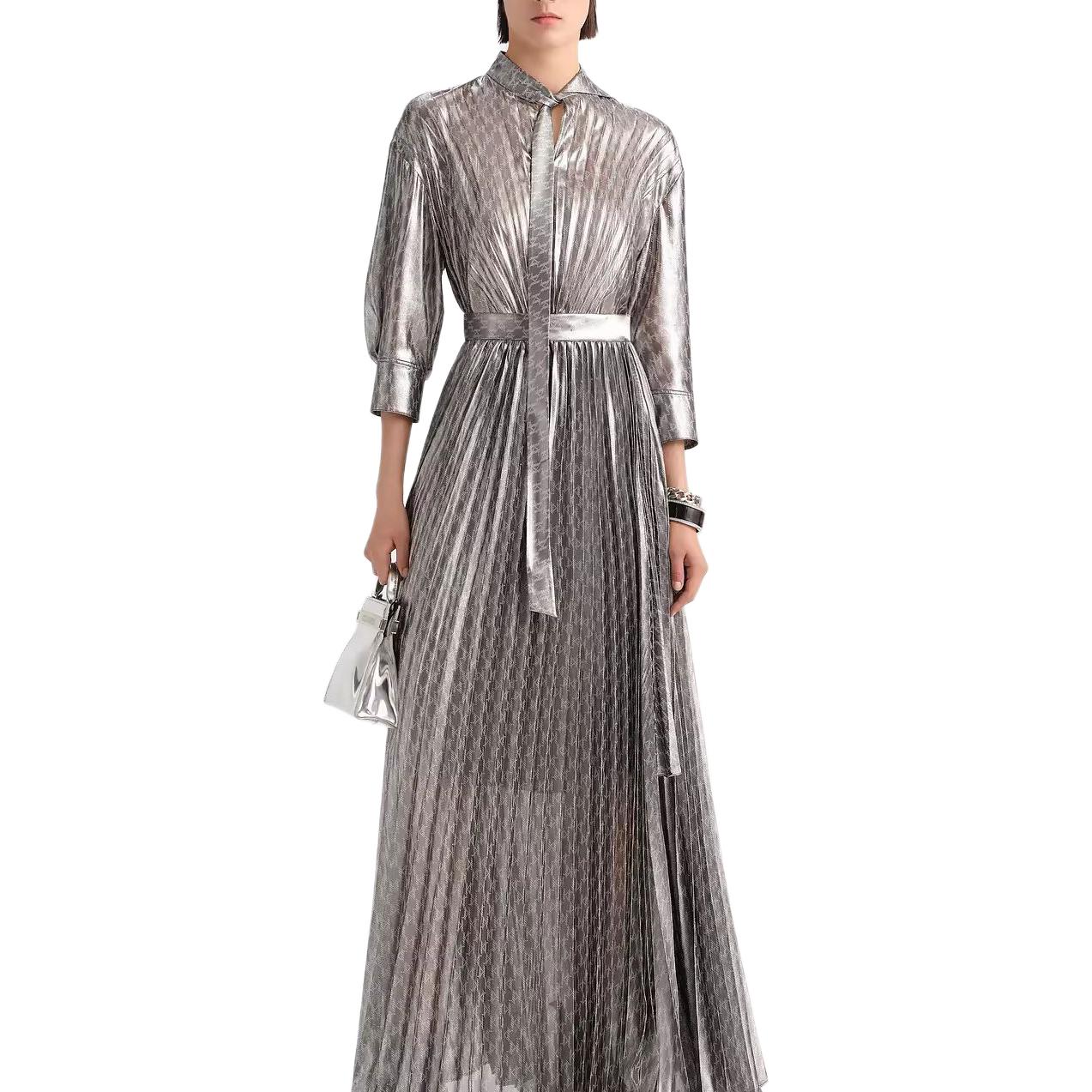Lookbook (Women) KARL LAGERFELD  Silver Printed V-Neck Cinched Waist Midi Dress 231L1383